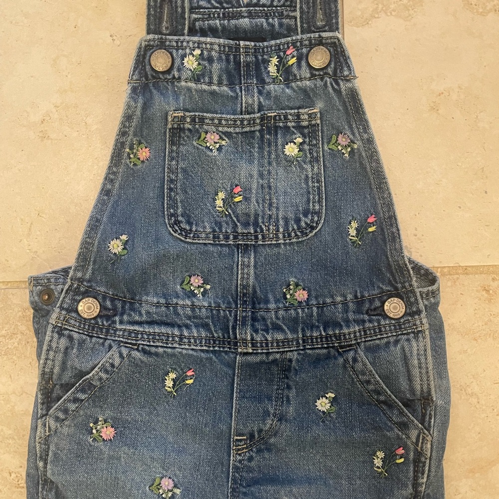 GAP Blue Denim Overalls with Floral Embroidery